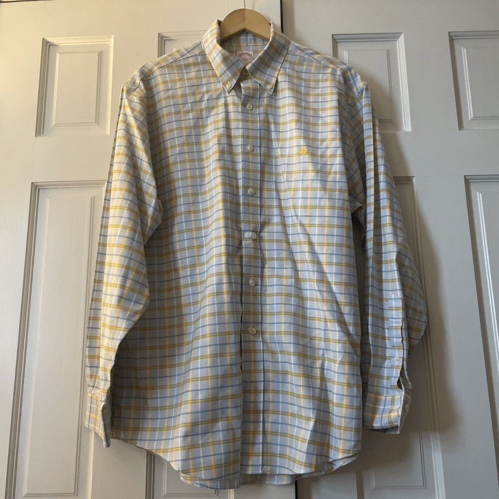 Brooks Brothers 346 Men's Large Non-Iron Supima Cotton Shirt Plaid Blue Yellow